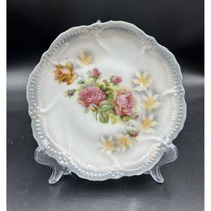 Leuchtenburg Germany 7-in Plate Pink Rose Silver Scallop Edge Beaded Lustreware